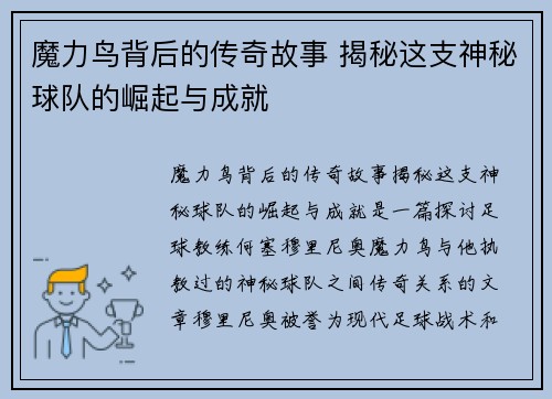 魔力鸟背后的传奇故事 揭秘这支神秘球队的崛起与成就
