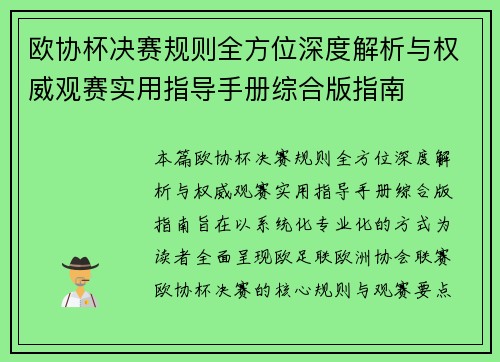 欧协杯决赛规则全方位深度解析与权威观赛实用指导手册综合版指南