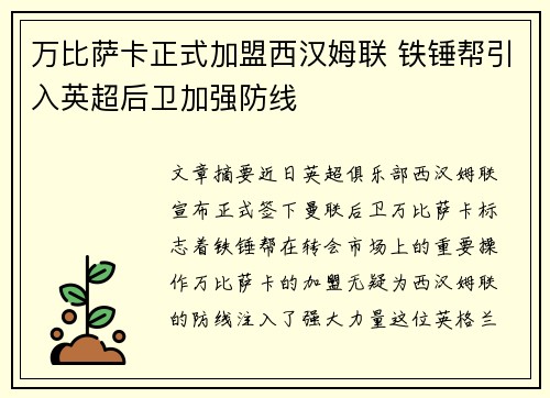 万比萨卡正式加盟西汉姆联 铁锤帮引入英超后卫加强防线 万比萨卡正式加盟西汉姆联 铁锤帮引入英超后卫加强防线