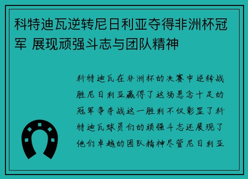 科特迪瓦逆转尼日利亚夺得非洲杯冠军 展现顽强斗志与团队精神